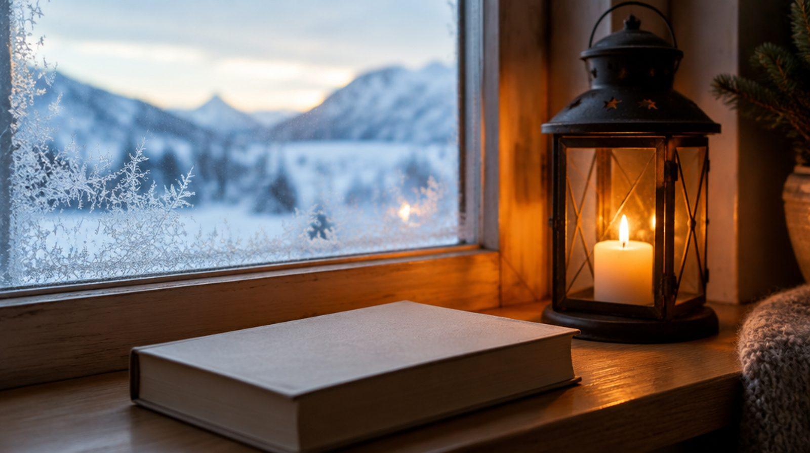 En deckarbok och en tänd stearinljuslykta på en fönsterbräde med frost utanför rutan