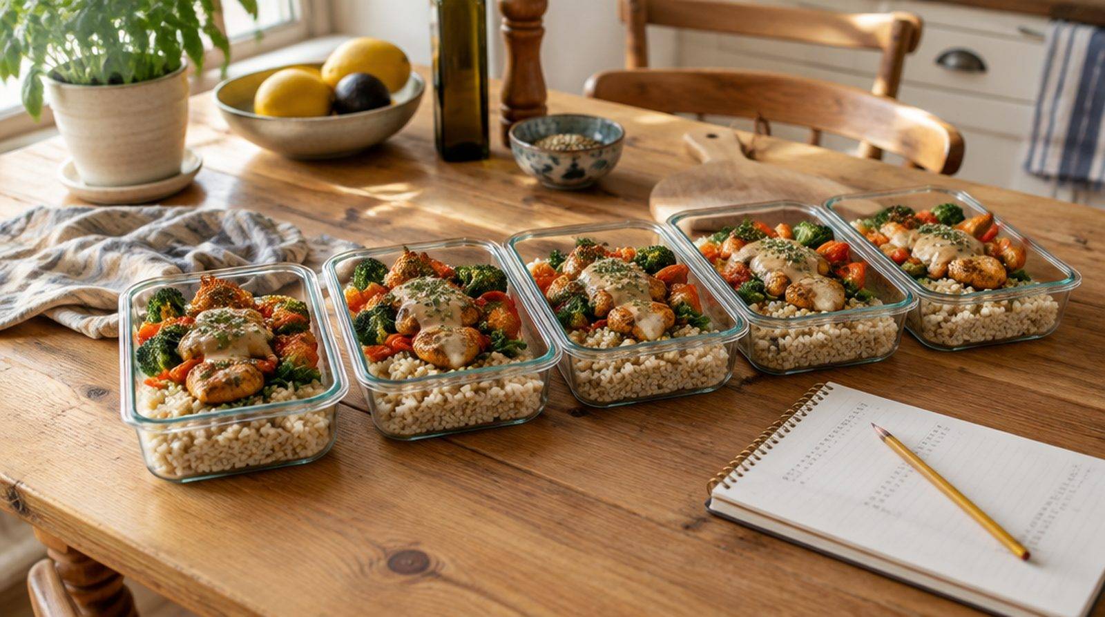 Fem matlådor uppradade på ett köksbord, fyllda med ris, grönsaker och sås