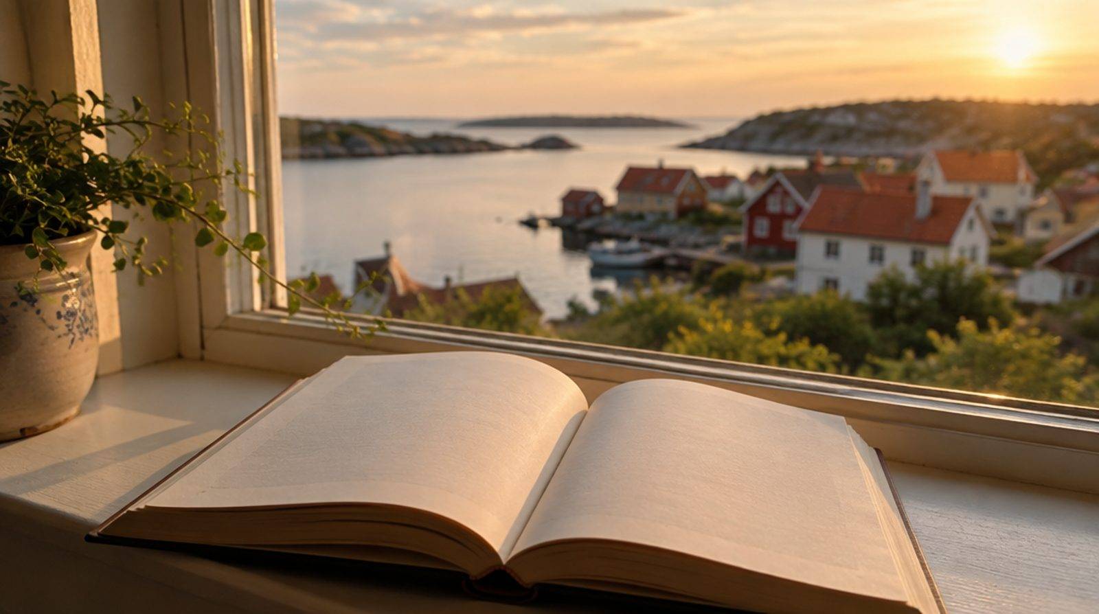 En uppslagen deckarbok på ett fönsterbräde med utsikt mot en västkustby i kvällsljus