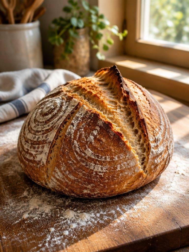 Ett rustikt surdegsbröd med djup skåra på en mjölad skärbräda i morgonljus