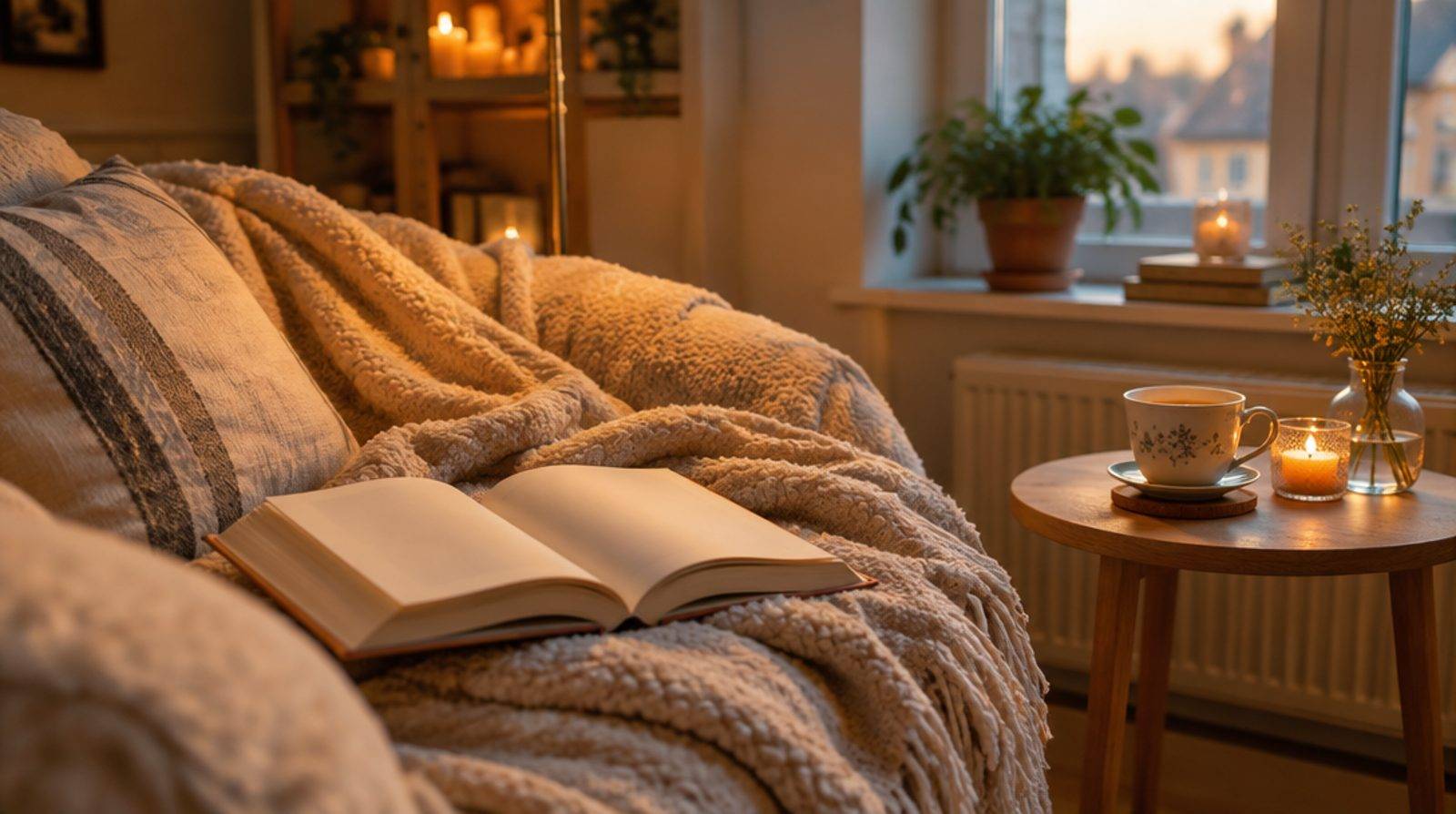 En ombonad läshörna med en filt, en tekopp och en uppslagen bok i varmt kvällsljus