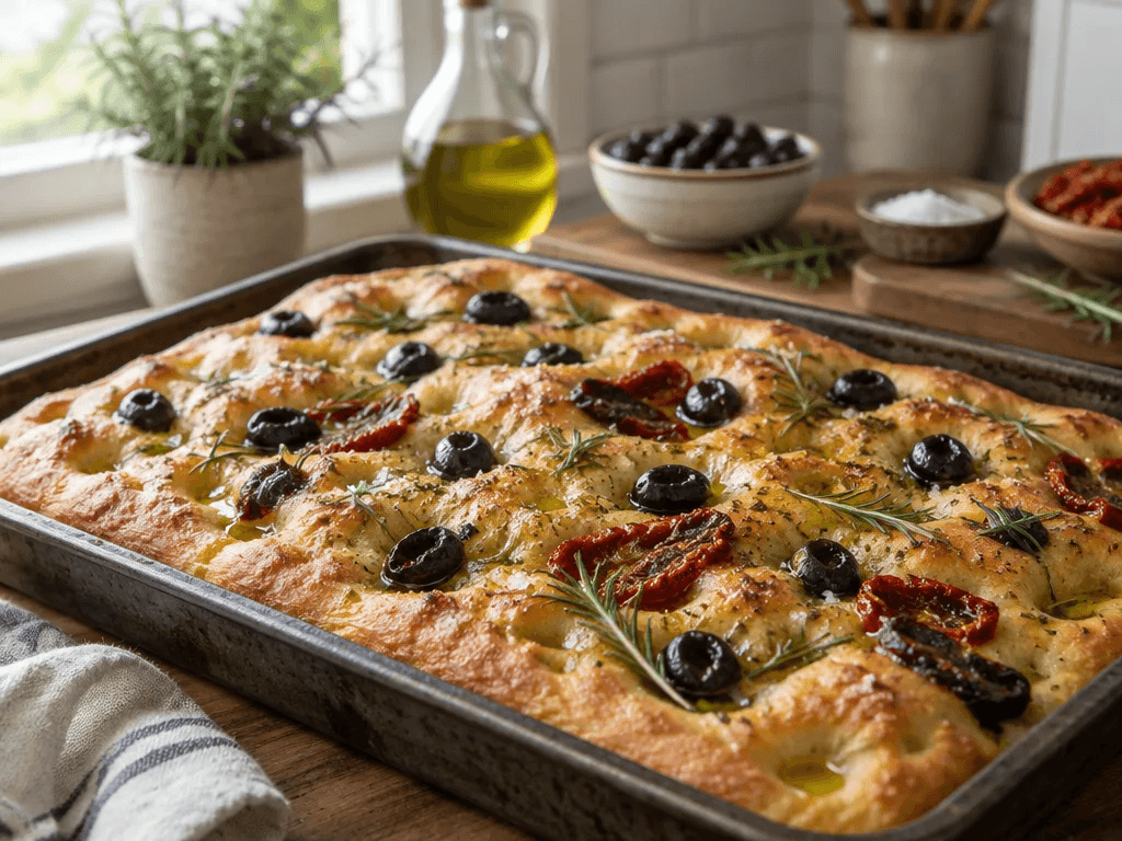 Nygräddad focaccia på surdeg i en långpanna med gropar fyllda av olivolja, svarta oliver, soltorkade tomater och rosmarin