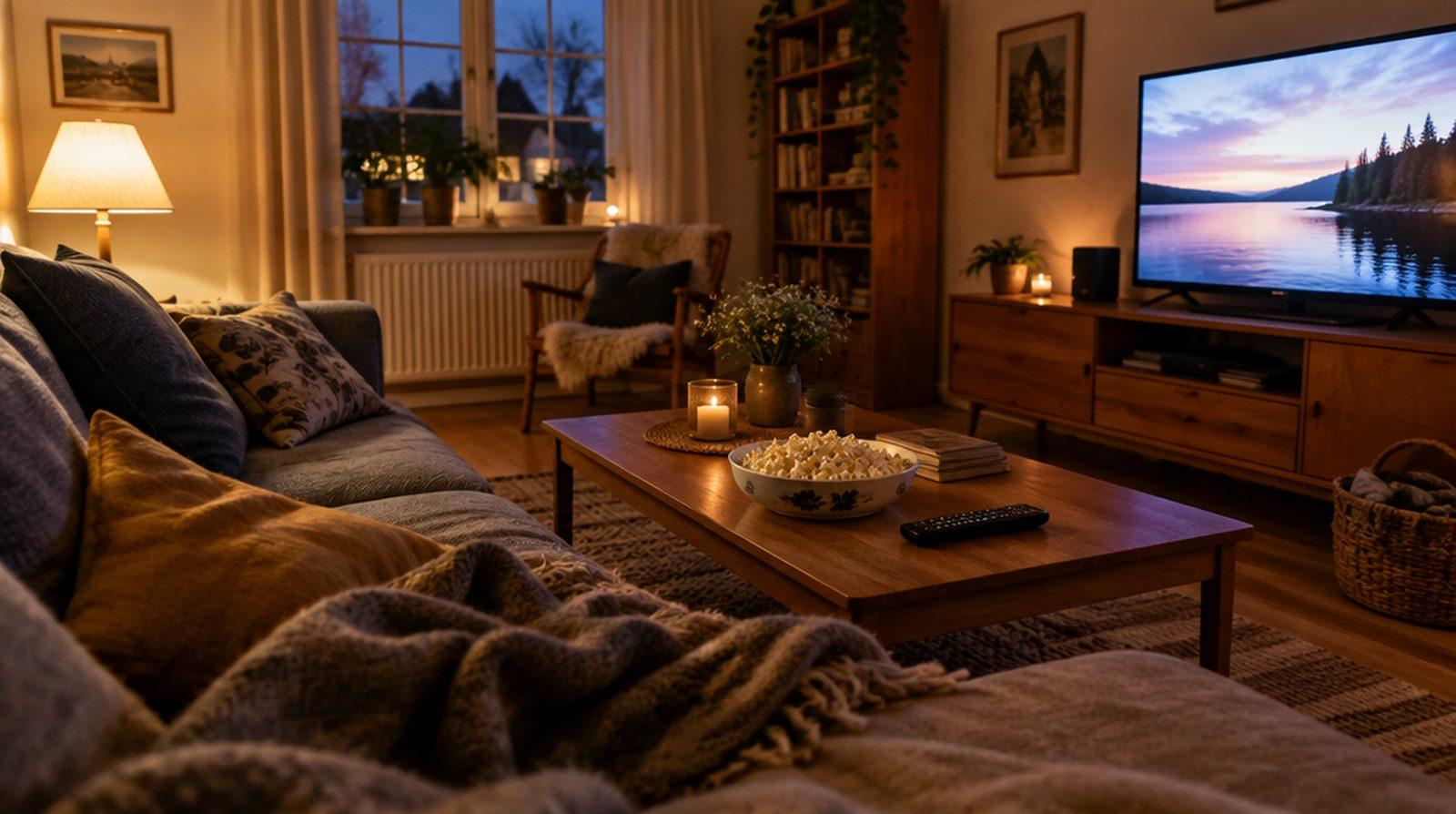 Skål med popcorn och fjärrkontroll på ett soffbord i ett mysigt vardagsrum med tänd lampa