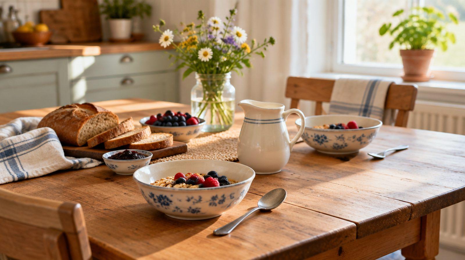 Köksbord dukat med frukostskålar, en mjölkkanna och smörgåsar i morgonljus