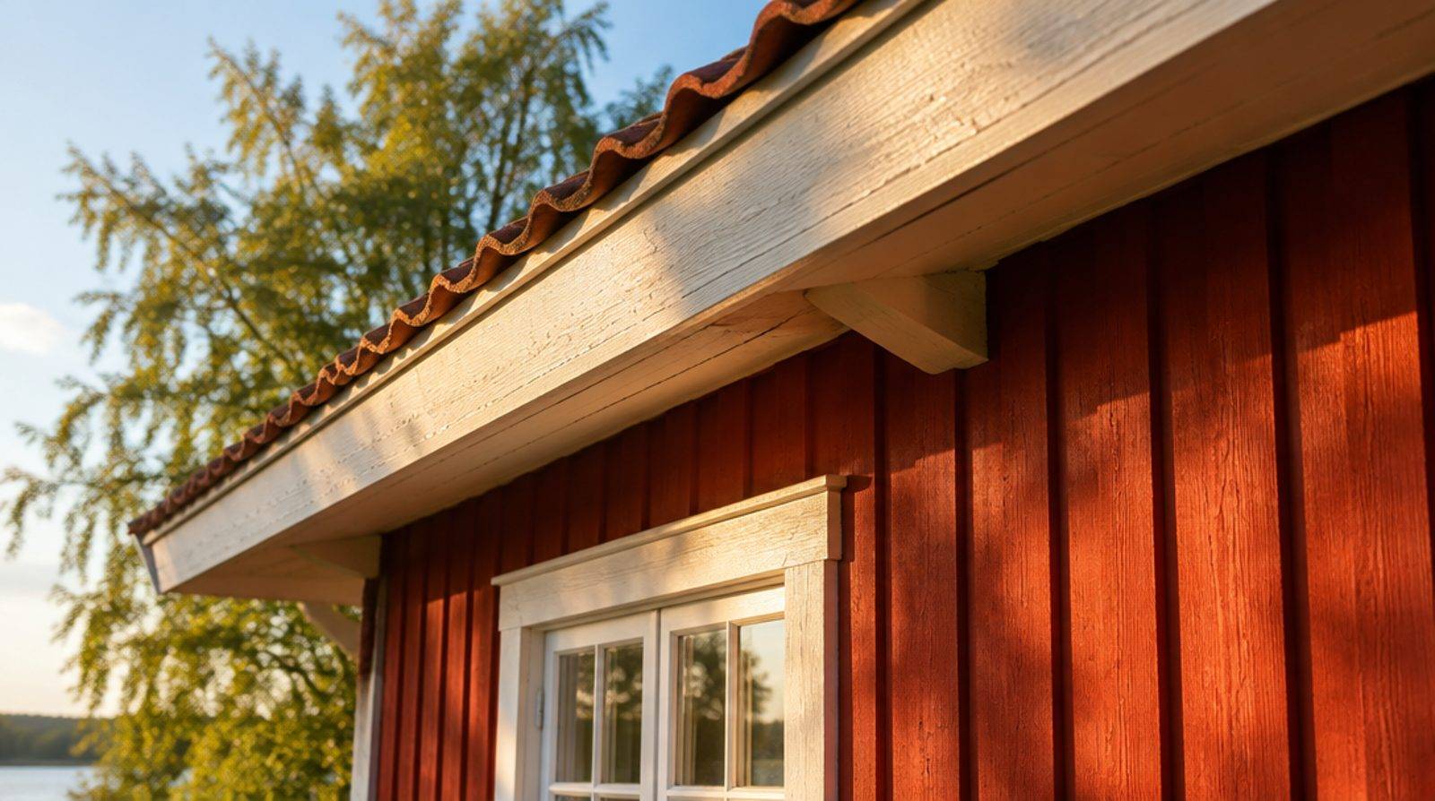 Träpanel under en taknock på en röd sommarstuga i solljus