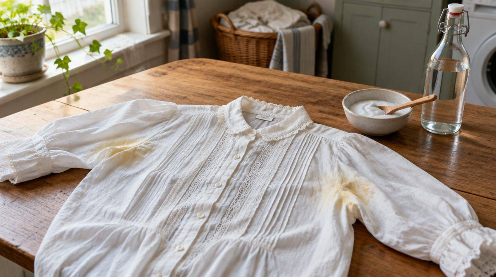 En vit bomullsblus med gula fläckar under armarna som ligger utbredd på ett bord bredvid bikarbonat och en skål