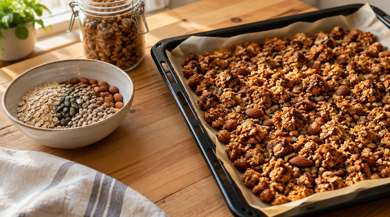 En bakplåt med nybakad granola i klumpar bredvid en skål havregryn och nötter på ett köksbord