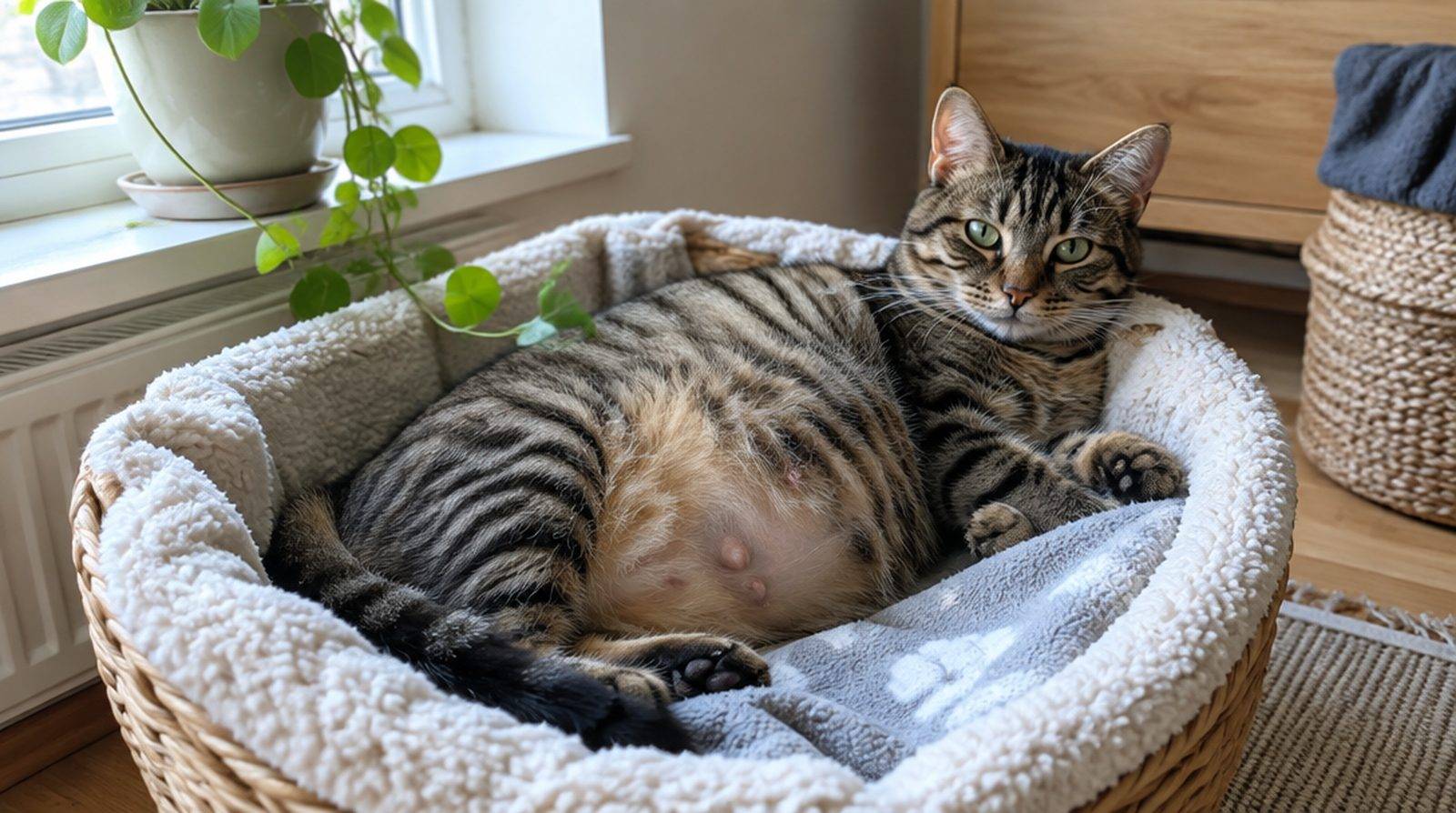 En dräktig randig katt som vilar bekvämt i en mjuk filtfodrad kattkorg