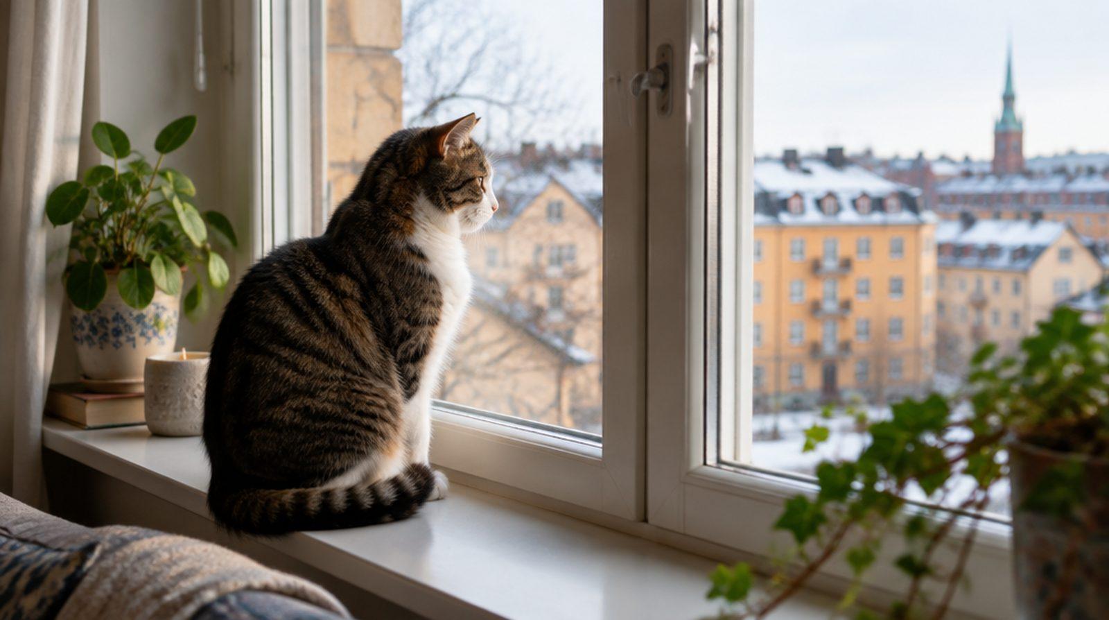 En katt som sitter och tittar ut genom ett fönster i en lägenhet
