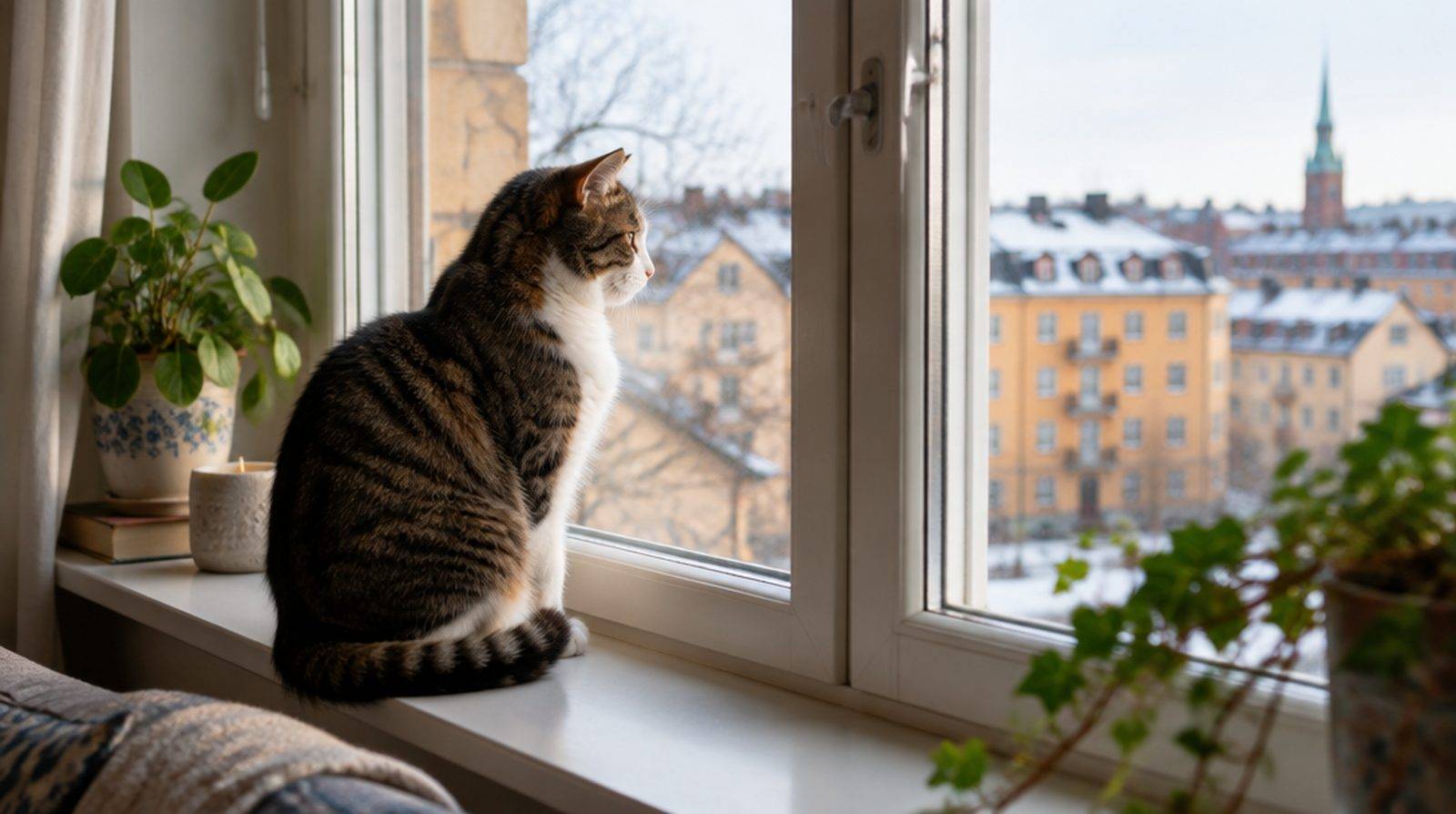 En katt som sitter och tittar ut genom ett fönster i en lägenhet