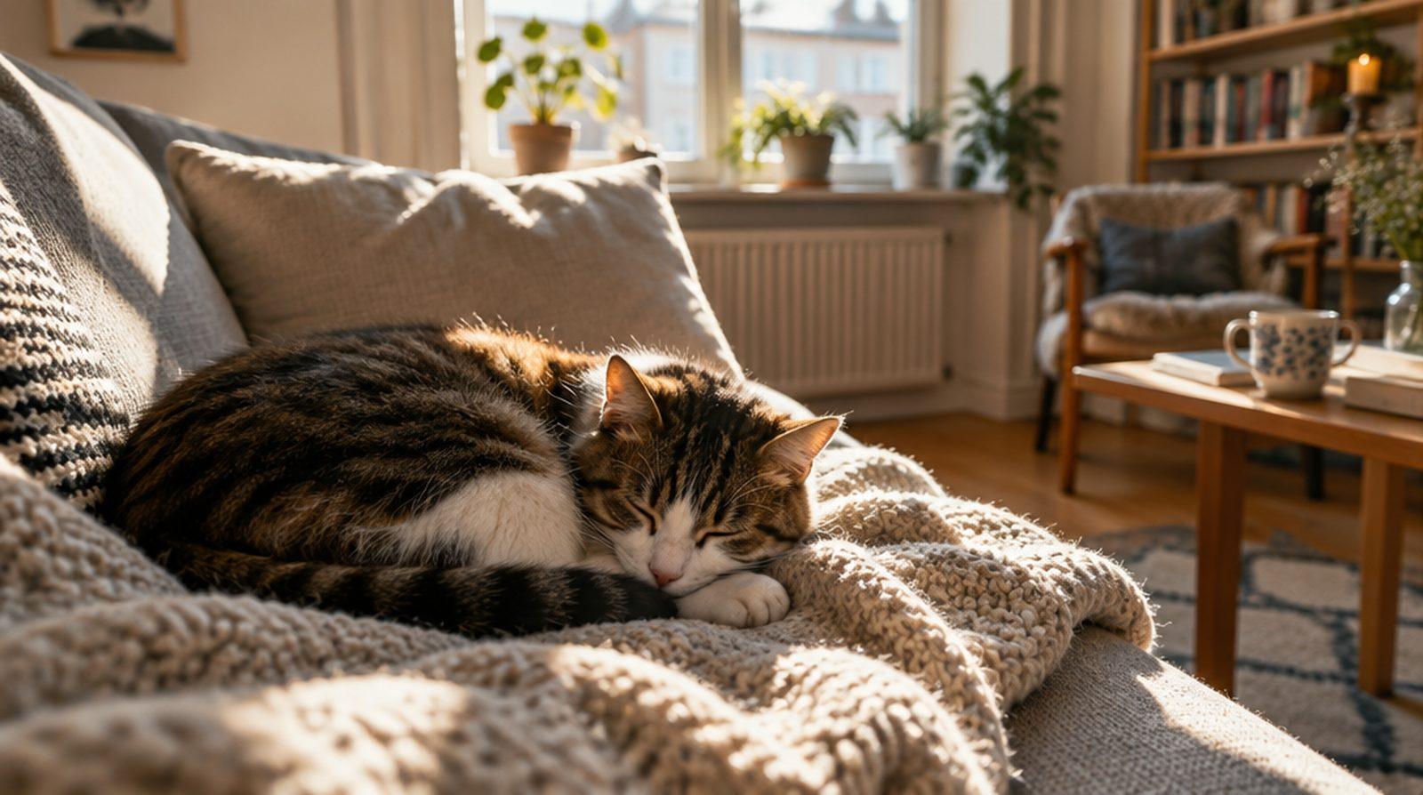 En katt som ligger hoprullad och sover i en solstråle på en filt i soffan