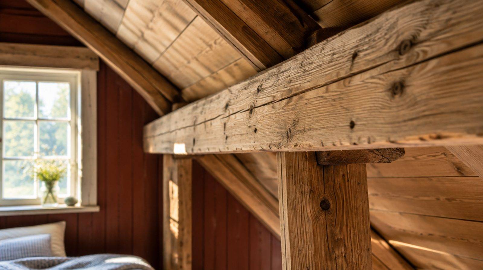 Gammal timrad vindsvägg i en sommarstuga med synligt bjälklag i morgonljus