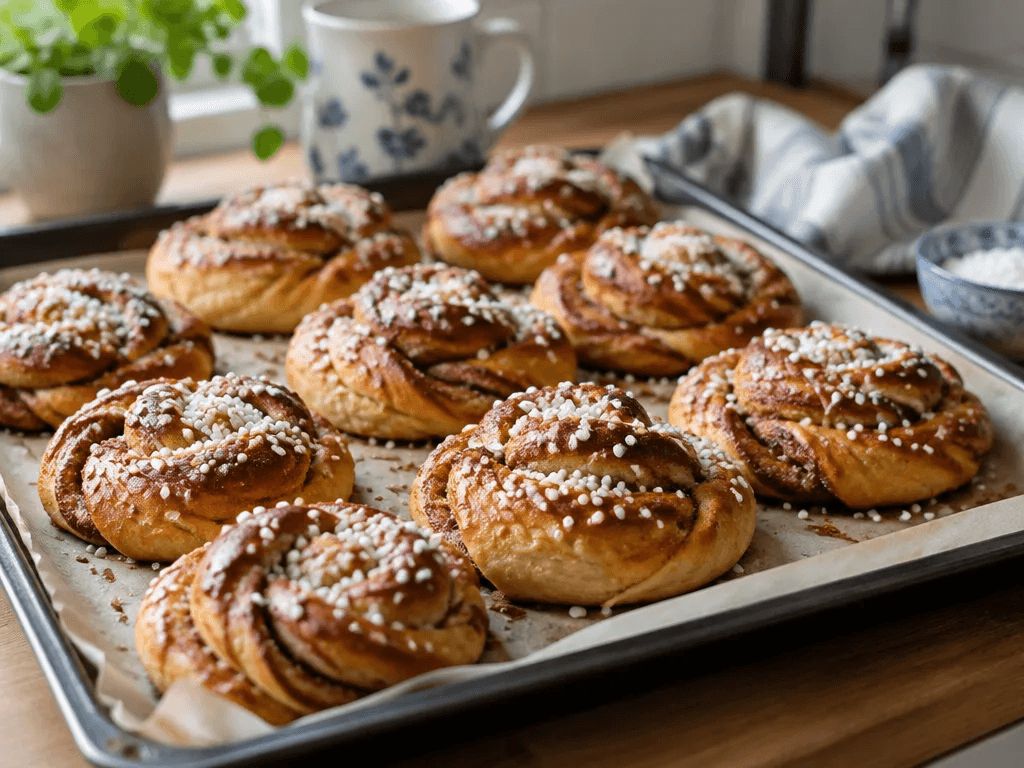 Nygräddade kanelbullar på surdeg med pärlsocker på en plåt med bakplåtspapper i ett litet kök