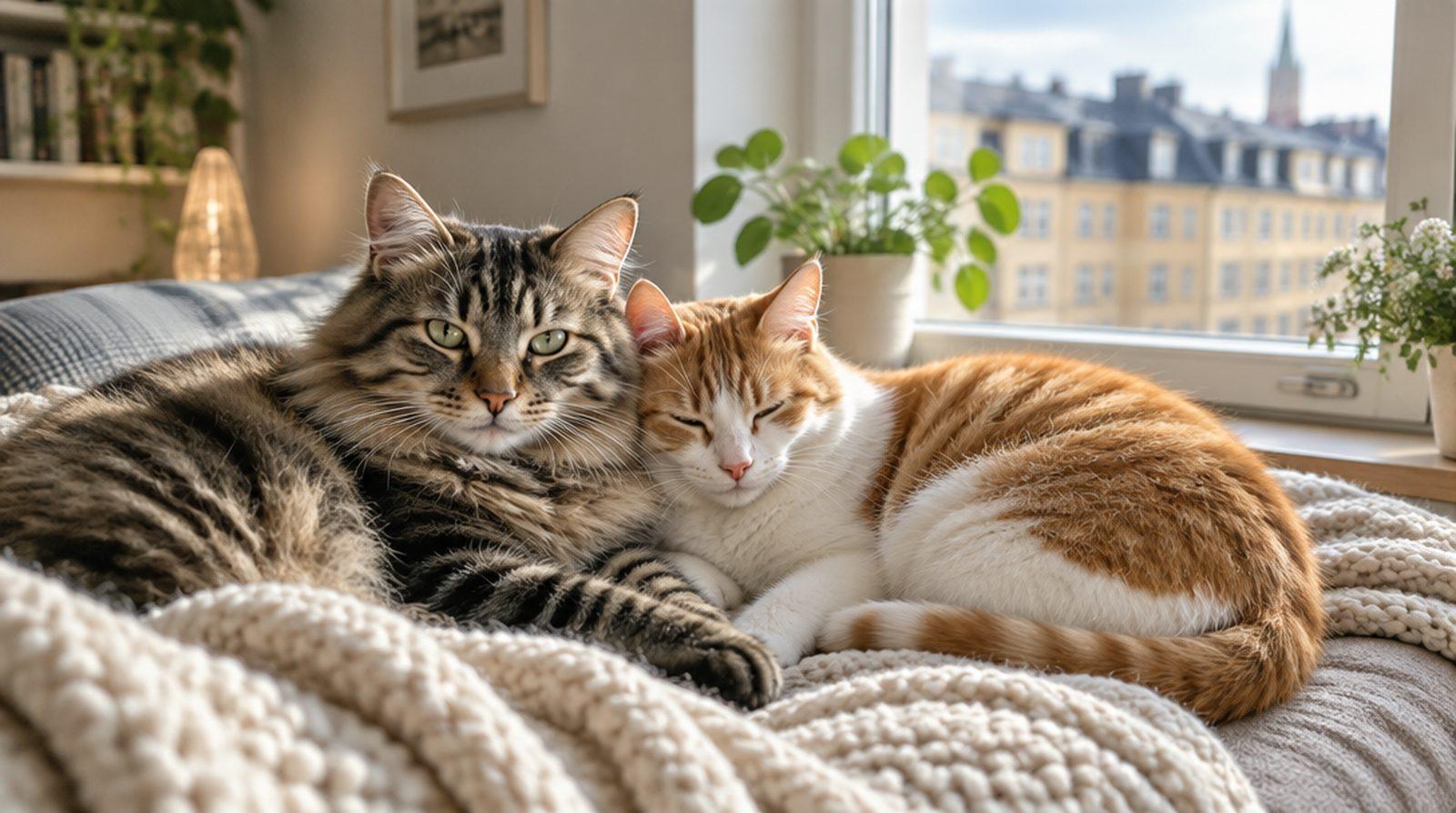 En äldre katt och en yngre katt som ligger tillsammans på en filt i soffan