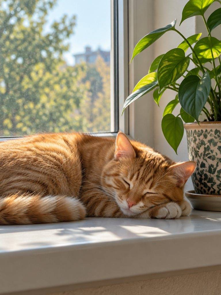 En rödrandig katt som sover på en solig fönsterbräda bredvid en krukväxt