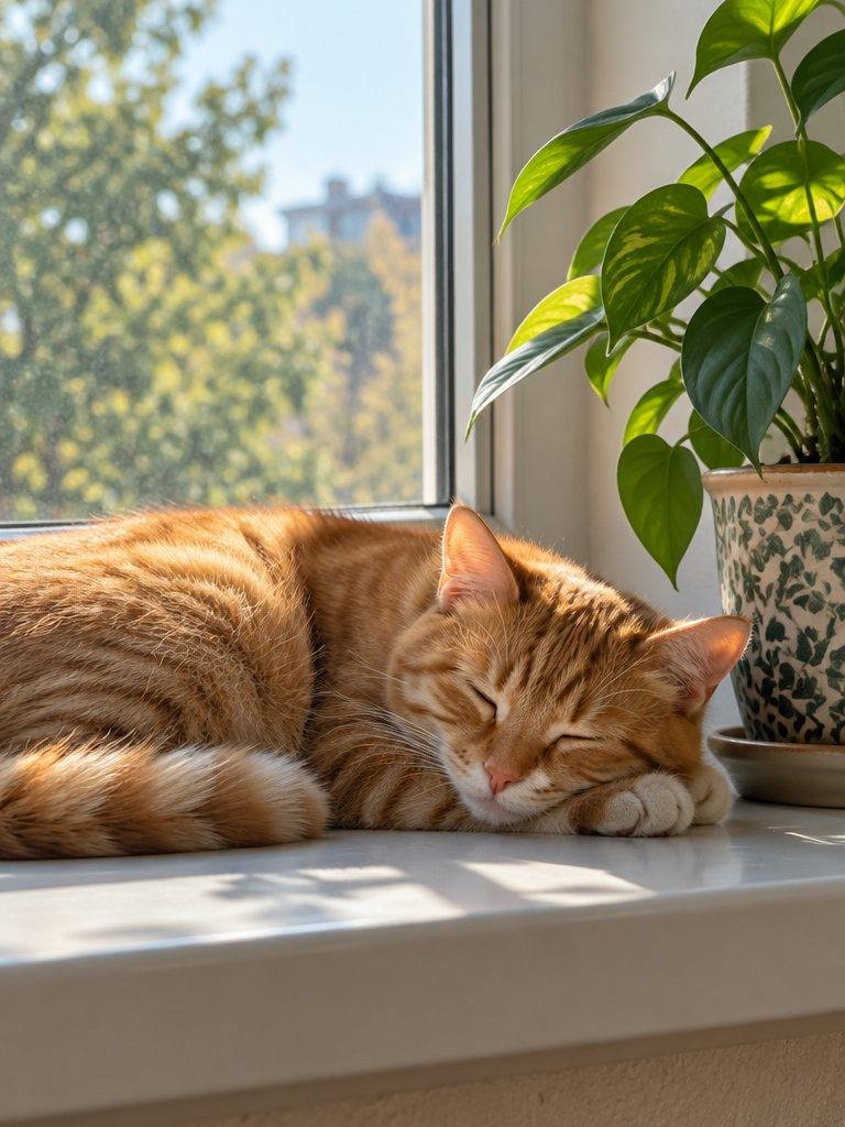 En rödrandig katt som sover på en solig fönsterbräda bredvid en krukväxt