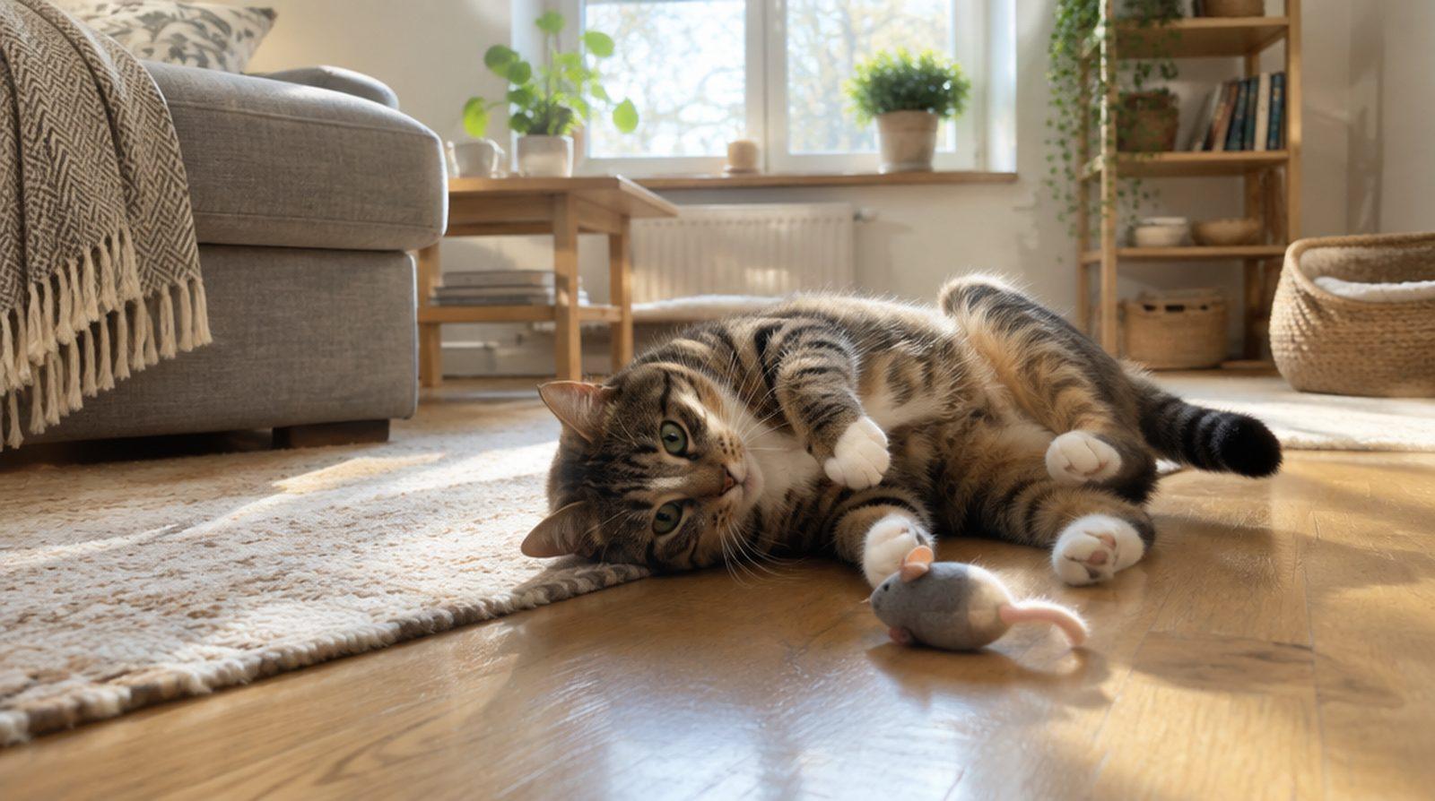 En randig katt som rullar sig lekfullt bredvid en kattmyntaleksak på ett vardagsrumsgolv