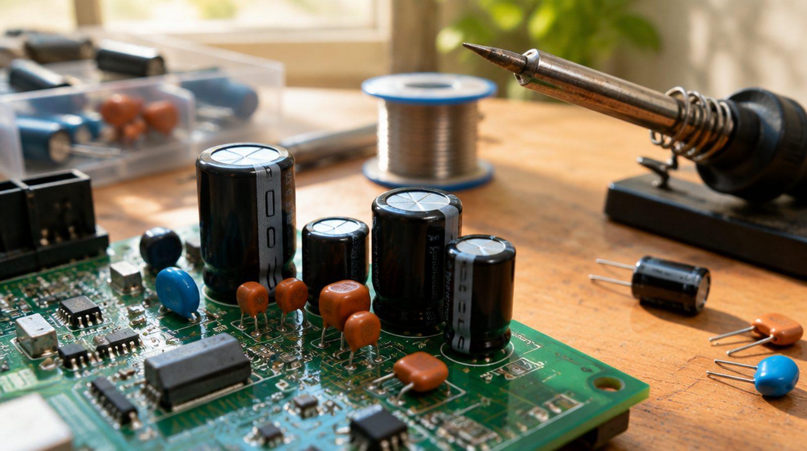 Flera cylindriska elektrolytkondensatorer och en platt keramisk kondensator på ett kretskort på en arbetsbänk