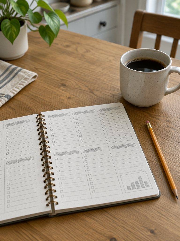 En uppslagen anteckningsbok med budgetrutor, en blyertspenna och en kopp kaffe på ett köksbord