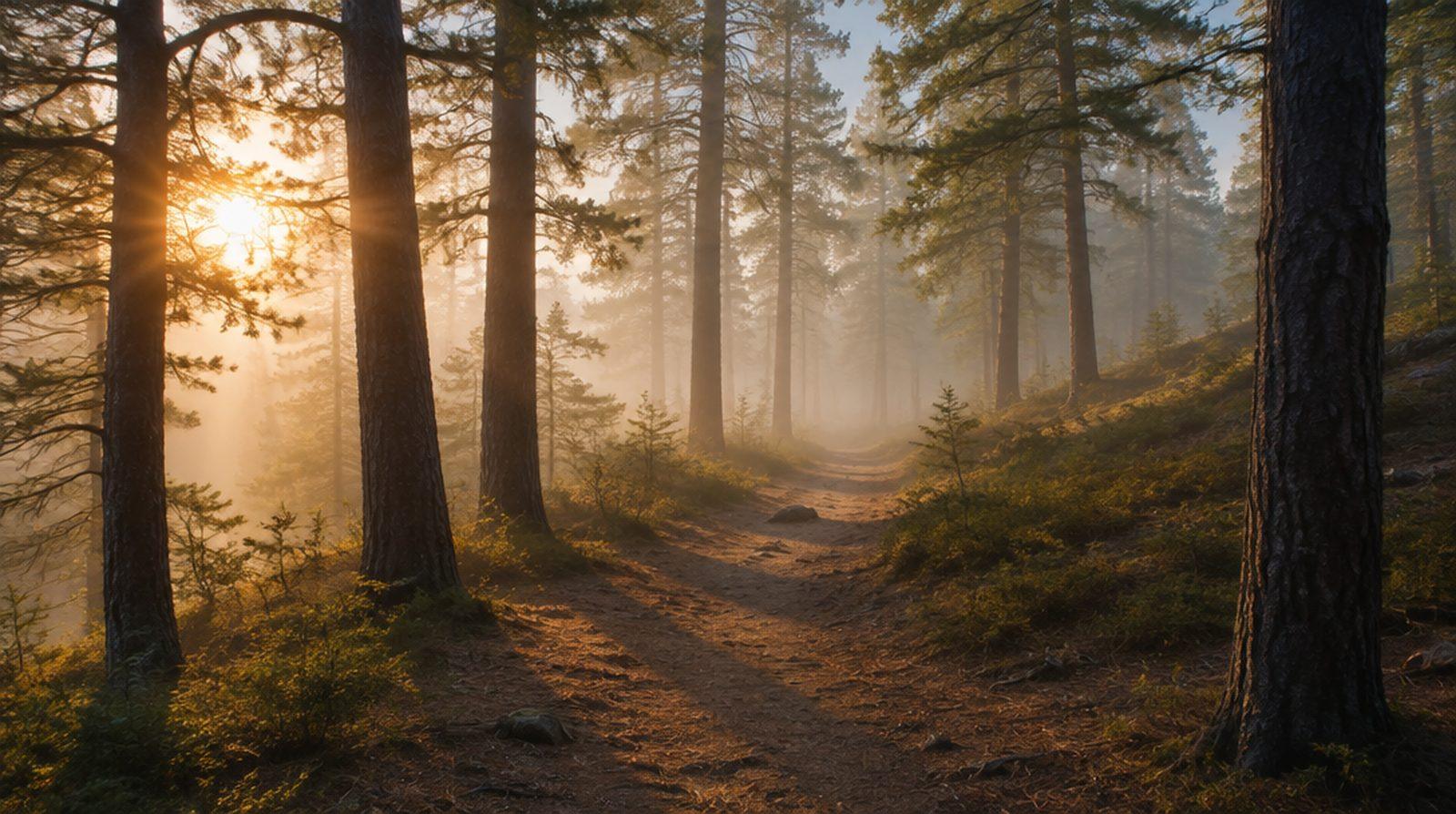 Skogsstig i gryningsdimma med långa trädskuggor