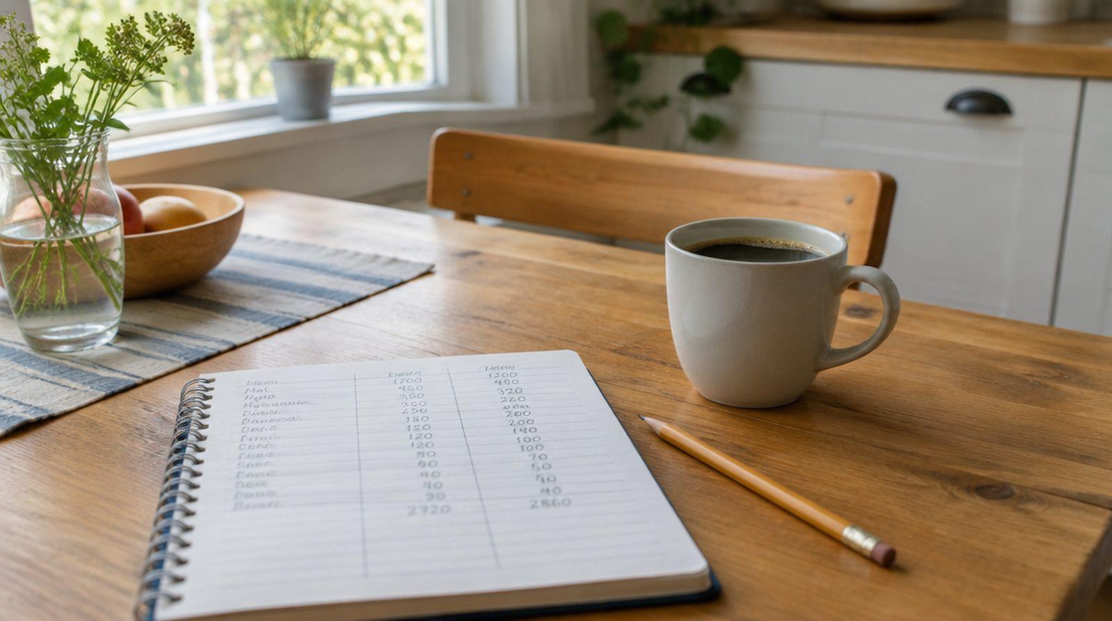 En hushållsbudget skriven för hand i en anteckningsbok bredvid en enkel kopp kaffe på ett köksbord
