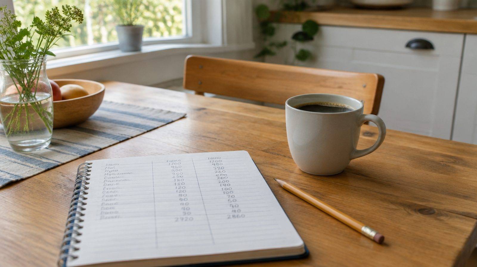 En hushållsbudget skriven för hand i en anteckningsbok bredvid en enkel kopp kaffe på ett köksbord