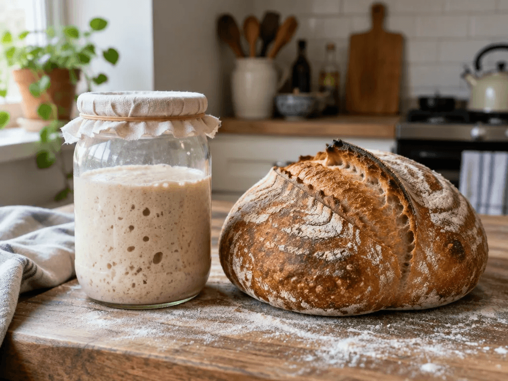 En glasburk med bubblig levain bredvid ett nygräddat surdegsbröd på en mjölad träskiva i ett litet kök