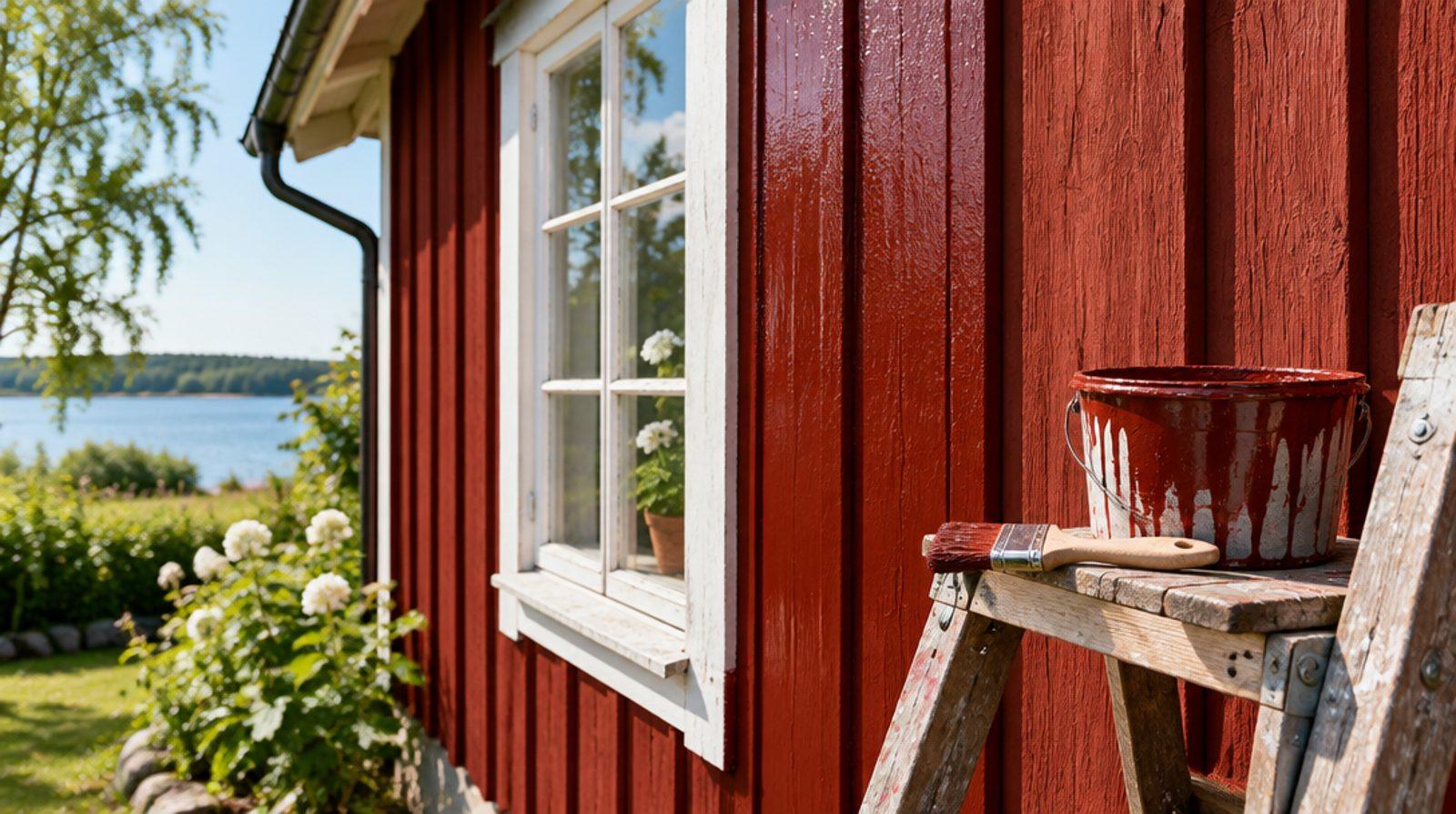 Rödmålad träfasad på en sommarstuga med vita knutar i eftermiddagssol