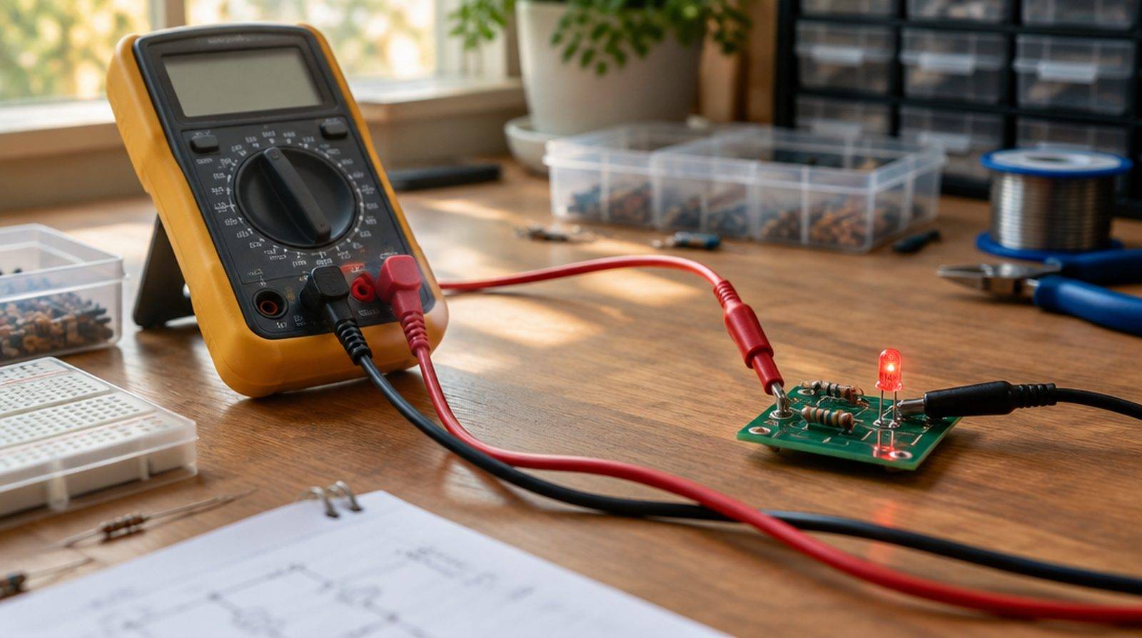 En digital multimeter med röd och svart mätsladd kopplad till ett litet kretskort på en arbetsbänk