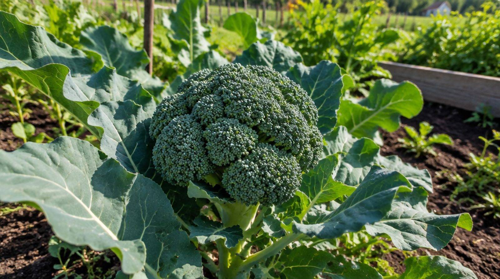 Ett moget broccolihuvud med mörkgröna blad på en kolonilott i solljus