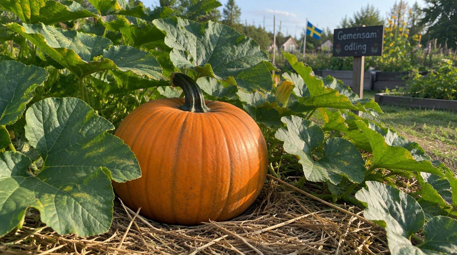 Orange pumpa som mognar bland stora gröna blad på en kolonilott en höstdag