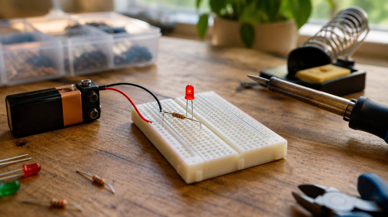 En röd lysdiod och ett motstånd kopplade på ett breadboard bredvid ett 9-voltsbatteri på en arbetsbänk