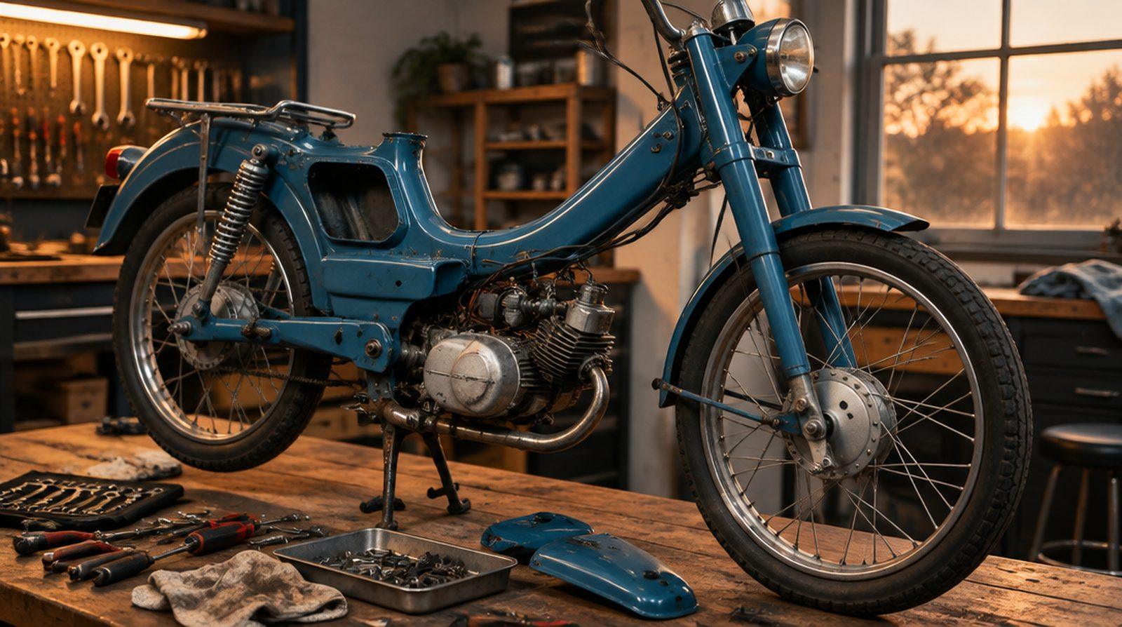 Delvis renoverad blå veteranmoped med öppen motor på arbetsbänk i garage