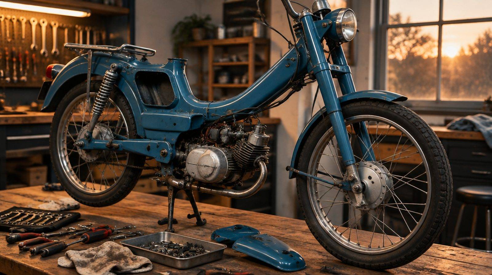 Delvis renoverad blå veteranmoped med öppen motor på arbetsbänk i garage
