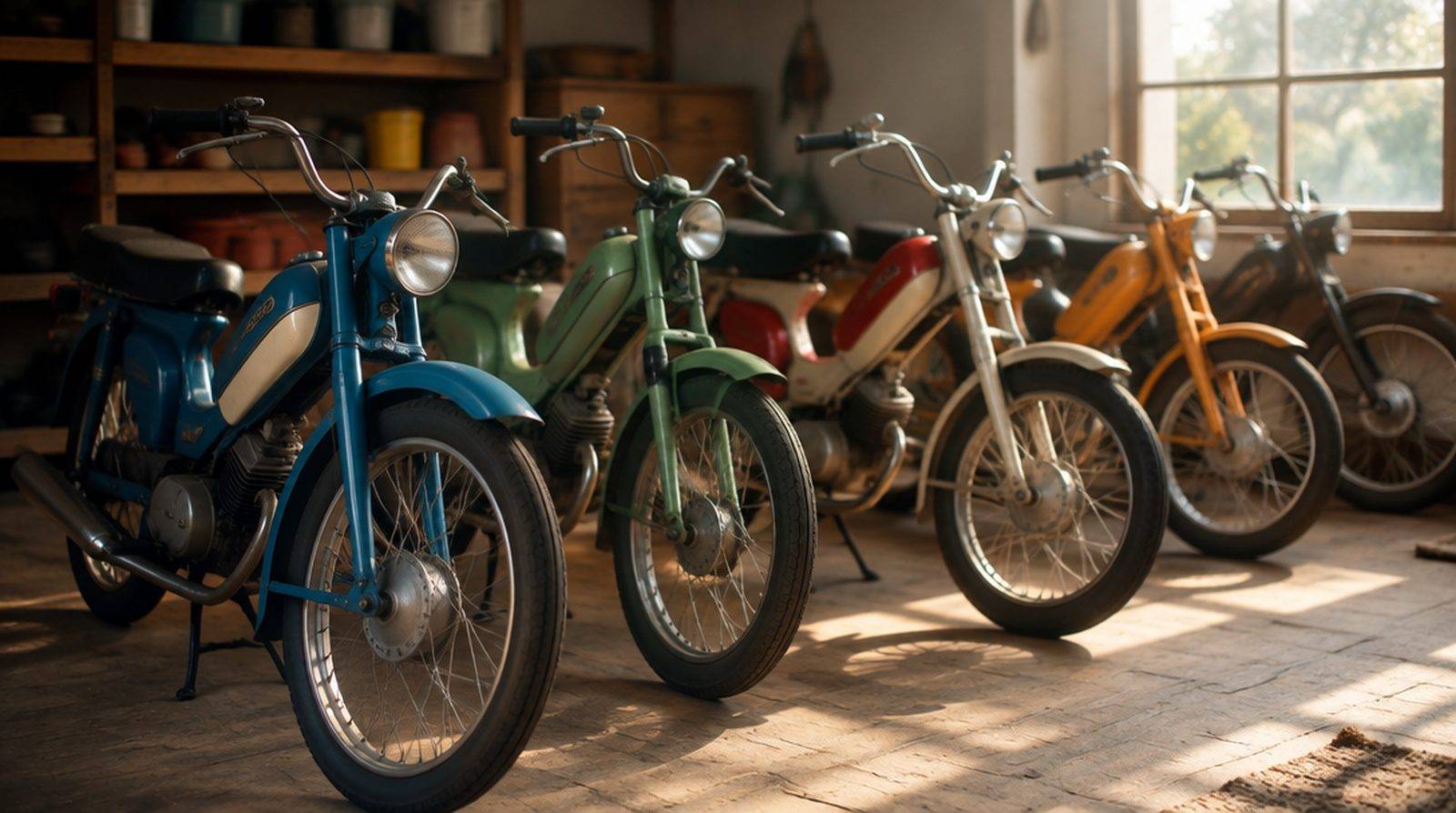 Flera gamla mopeder uppradade på rad i ett garage, olika färger och kaross