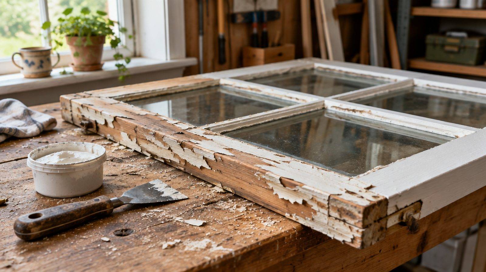 Halvmålad fönsterbåge med avskrapad gammal färg och nytt kitt, uppställd på arbetsbock i garaget