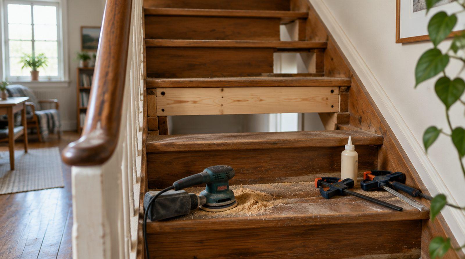 Öppen trätrappa under renovering med ett halvfärdigt trappsteg, slipmaskin och sågspån på golvet