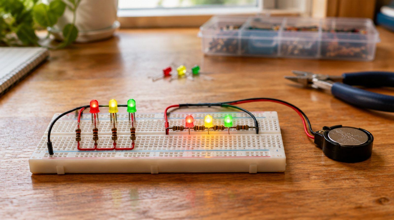 Tre små lysdioder kopplade på ett breadboard med synliga ledningar och ett batteri på en arbetsbänk