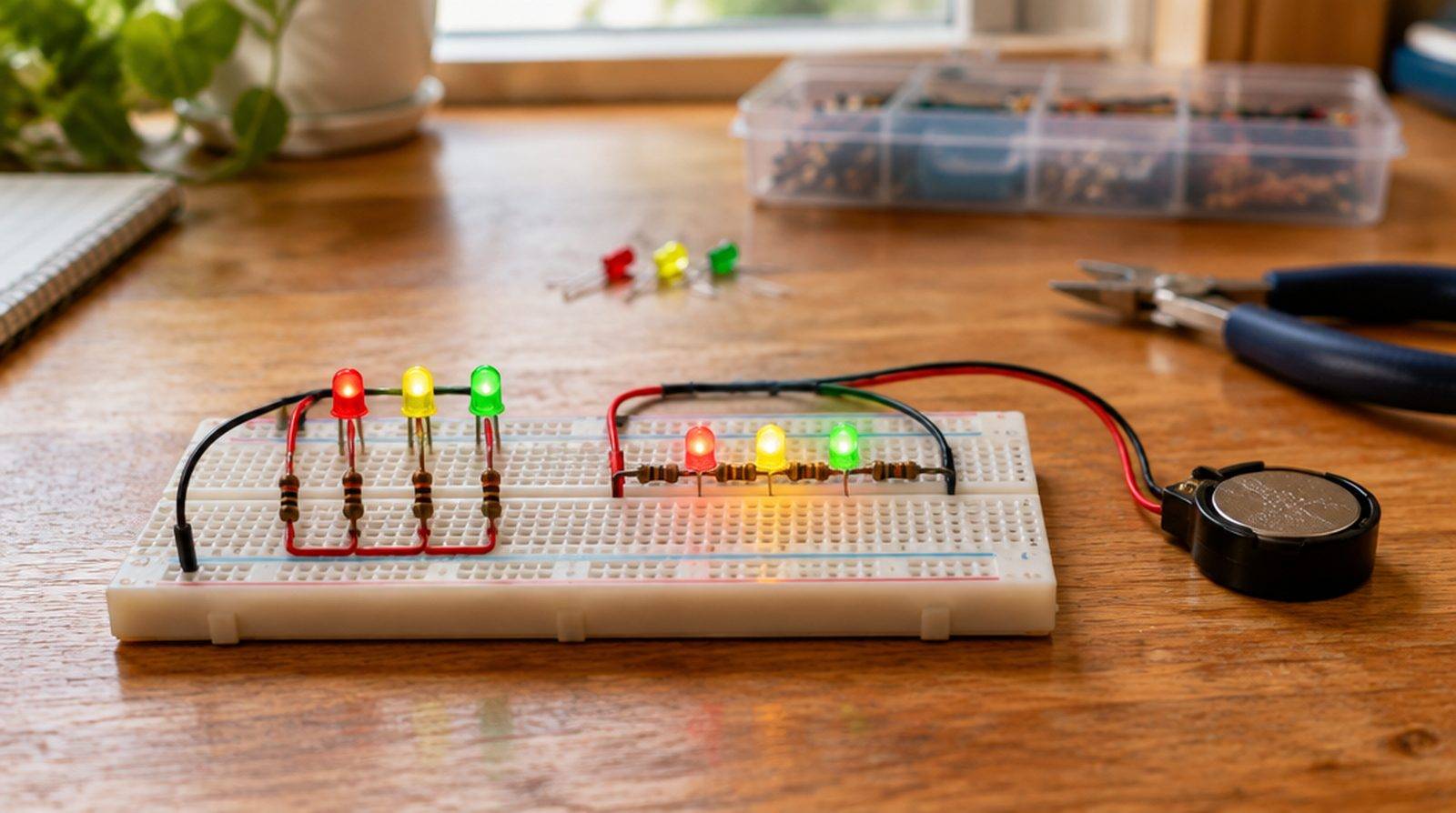 Tre små lysdioder kopplade på ett breadboard med synliga ledningar och ett batteri på en arbetsbänk