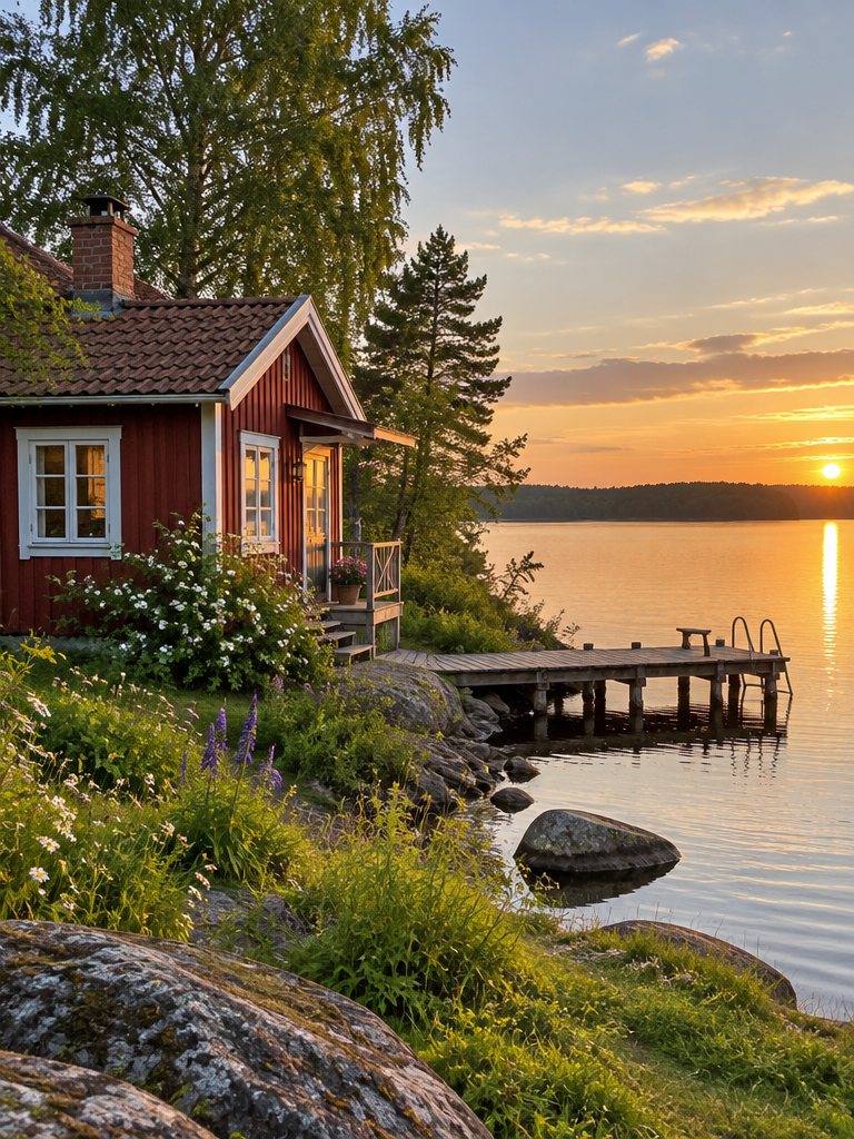 En liten röd stuga med vita knutar vid en lugn sjö med brygga i kvällssol