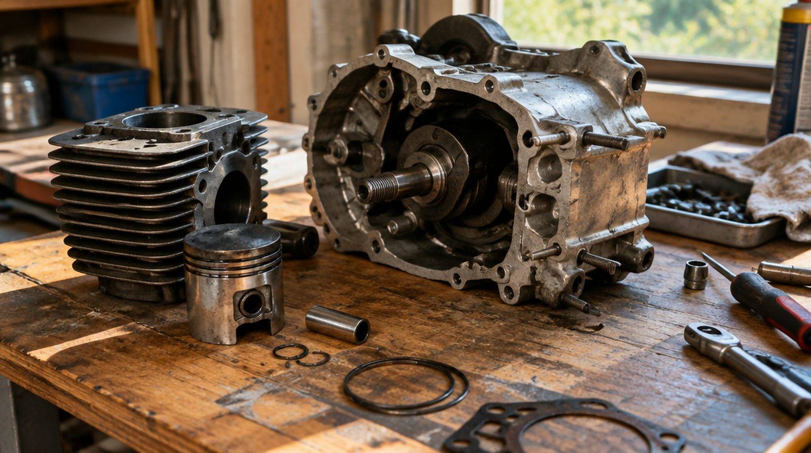 Isärplockat mopedmotorblock i metall på en arbetsbänk med verktyg bredvid