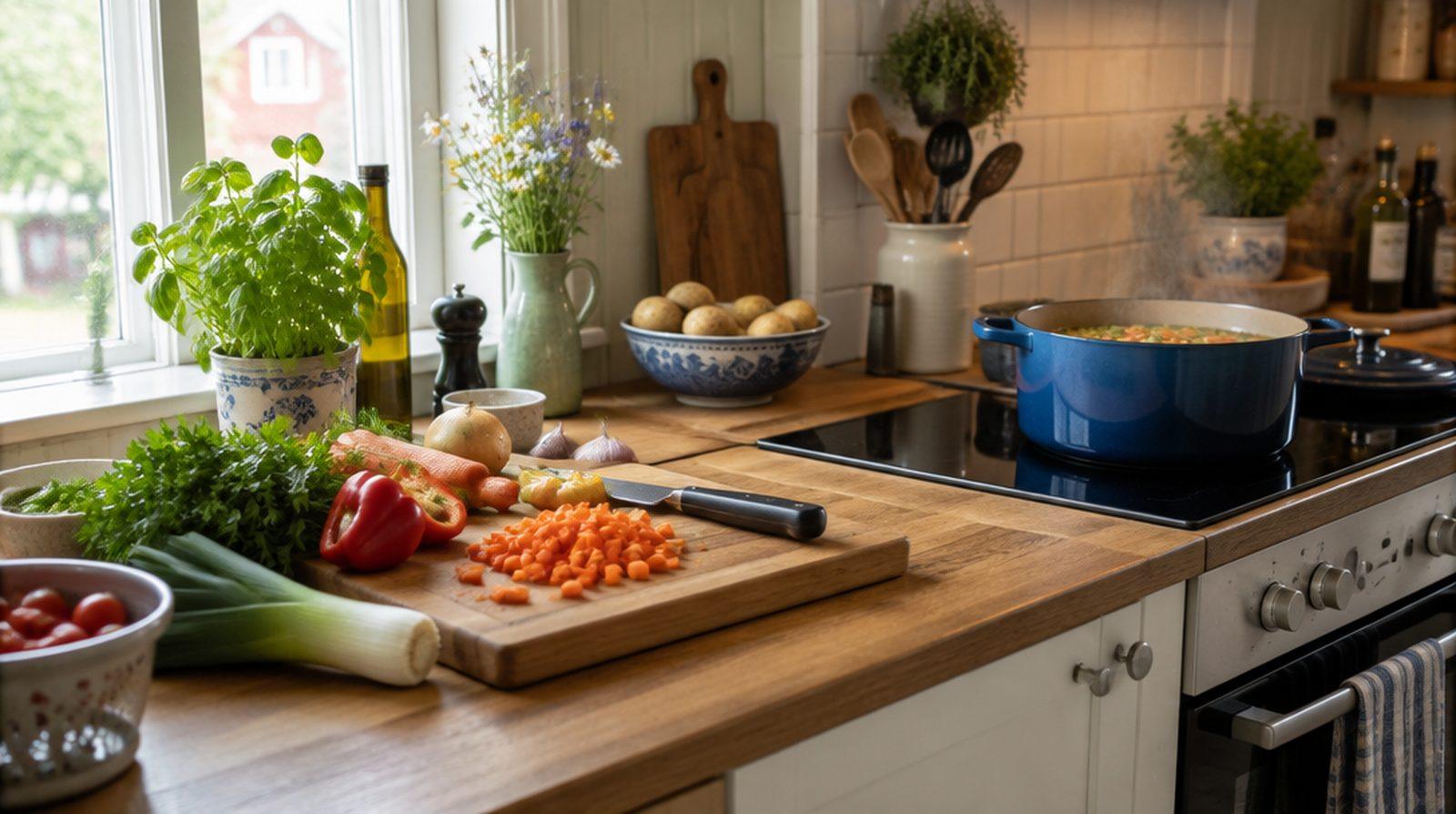Köksbänk med skärbräda, grönsaker och en gryta som puttrar på spisen i ett ljust kök
