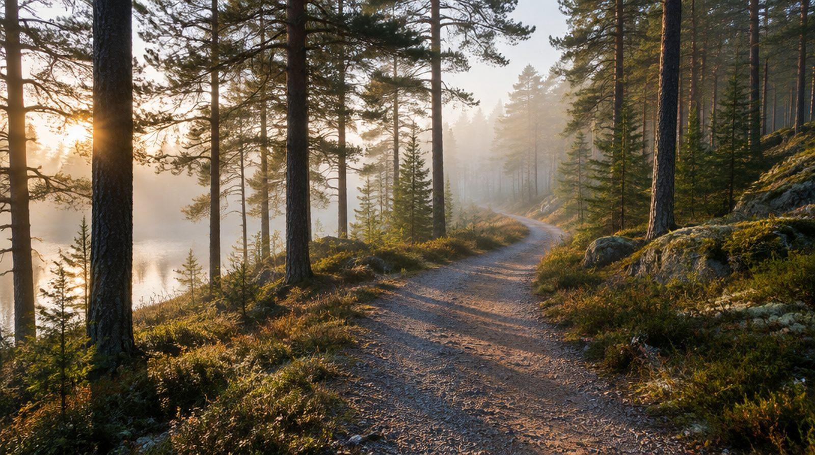 En grusstig genom skog i morgondis med långa skuggor från träden