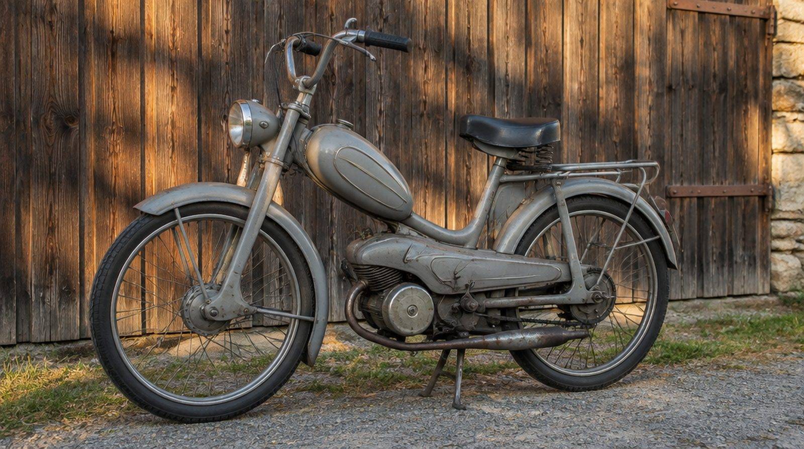 Gammal tysk moped i grå kaross parkerad framför en trävägg i eftermiddagsljus